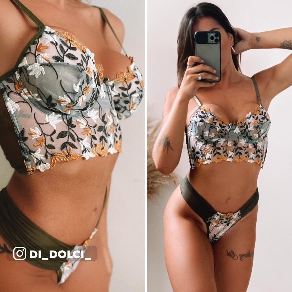 Enchanting green floral embroidered bustier top & panty set